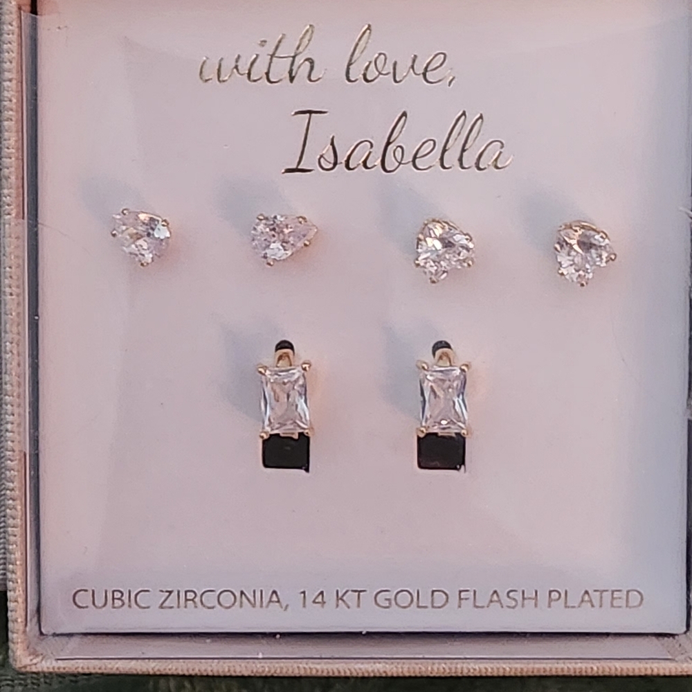 NEW. **Isabella 14Kt Gold Flash-Plated Cubic Zirconia Earrings – Set of 3**